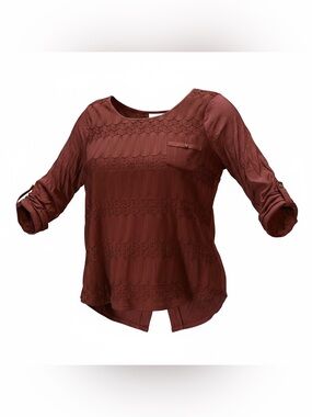Maurices Lace-Panel Roll-Sleeve Blouse - Burgundy